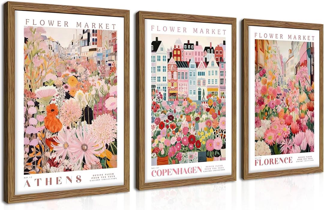 Floral Wall Art Set of 3, Colorful Flower Market Canvas Wall Decor Paintings, Pink Wildflower Botanical Posters Prints Pictures Artwork for Bedroom Living Room 16x24 Inch Wood Framed, 24L" x 16W"