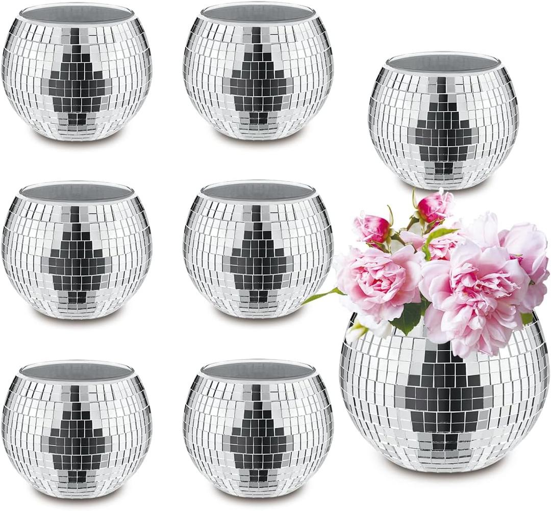 8 PCS Silver Disco Ball Vase,Glass Disco Ball Planter Candle Holder Vase Bulk Mirror Disco Ball Flower Vase for Wedding Centerpieces, Birthday, Office, Bedroom (3x4in)