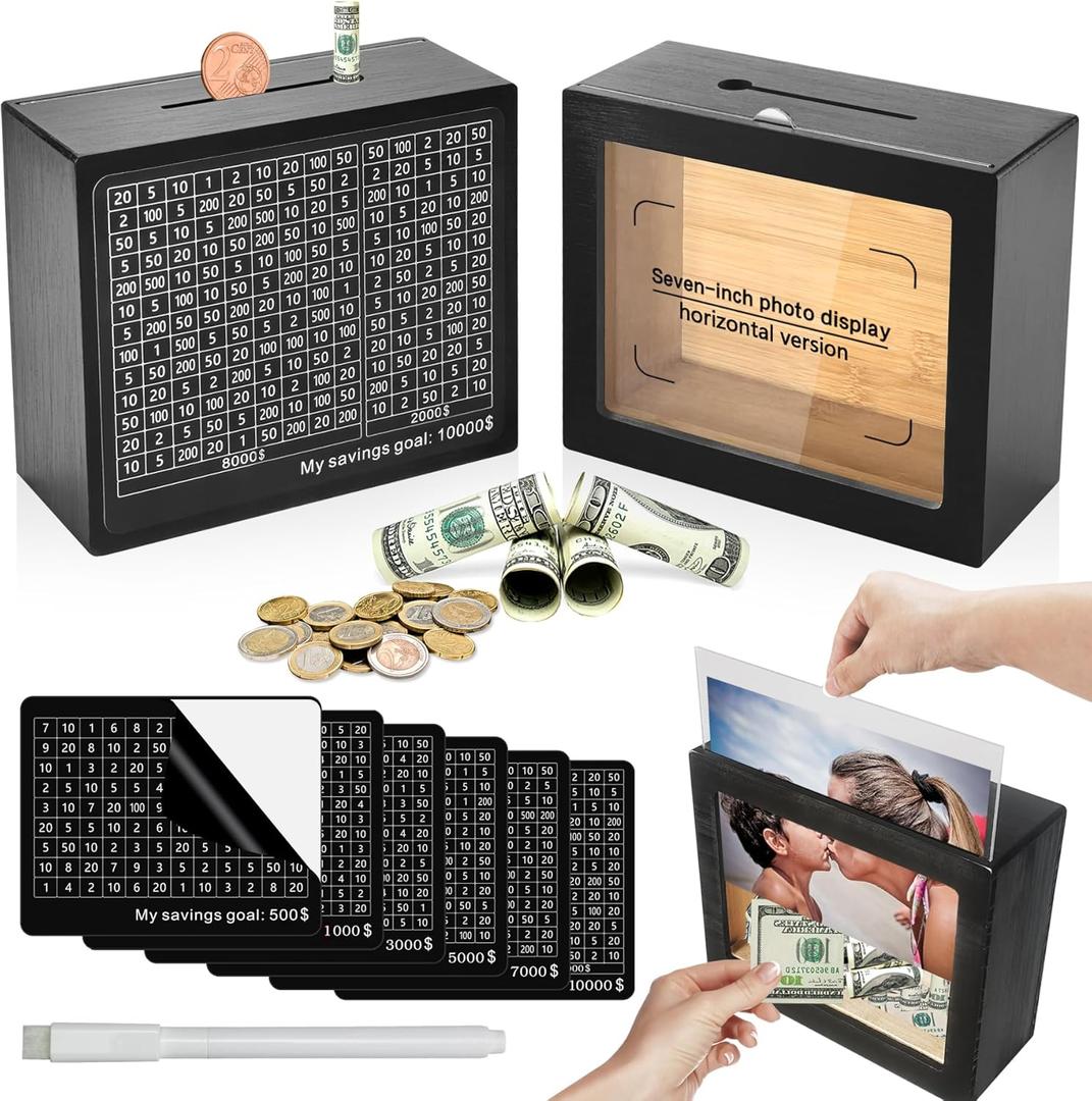 Wooden Money Saving Box Cash Vault with Numbers Challenge Target and Phoframe with Dual Function 10,000 7,000 5,000 3,000 1,000 500 Suitable for Adults and Children (Black)