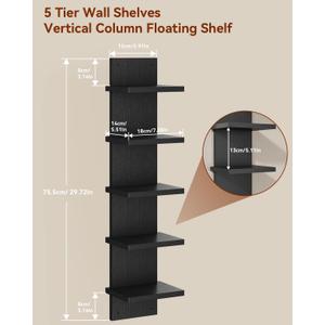 IBUYKE 5 Tier Wall Shelf Unit,Black Vertical Shelf,Floating Storage Wall Shelf,Decorative Wall Mount Vertical Shelving for Home, Bedroom,Living Room,Office Decor WBC009B