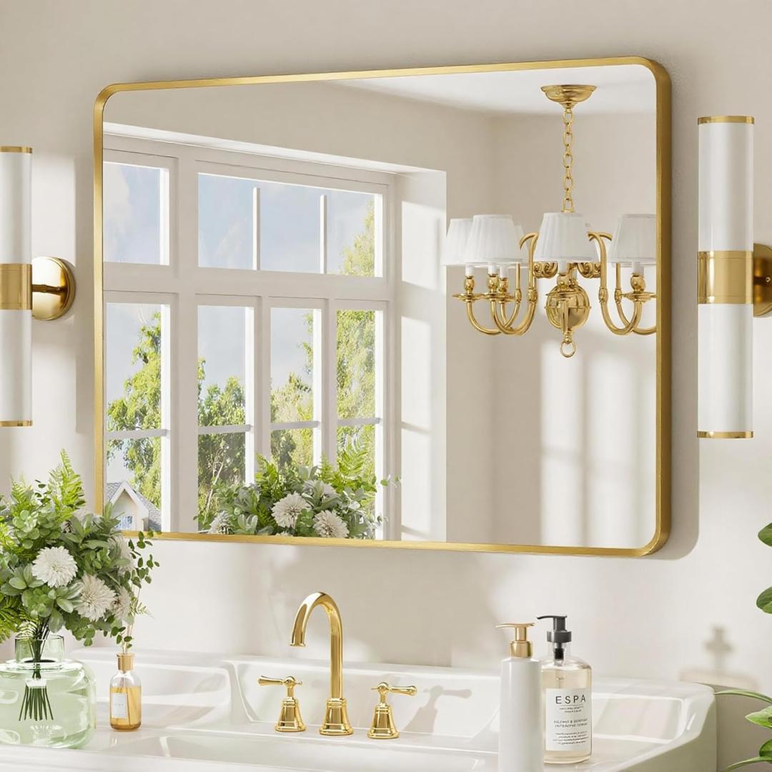 Brushed Gold Bathroom Mirror 24x32 inch, Rounded Rectangle Gold Metal Framed Vanity Wall Mirror, HD Tempered Glass, Horizontal or Vertical Hanging