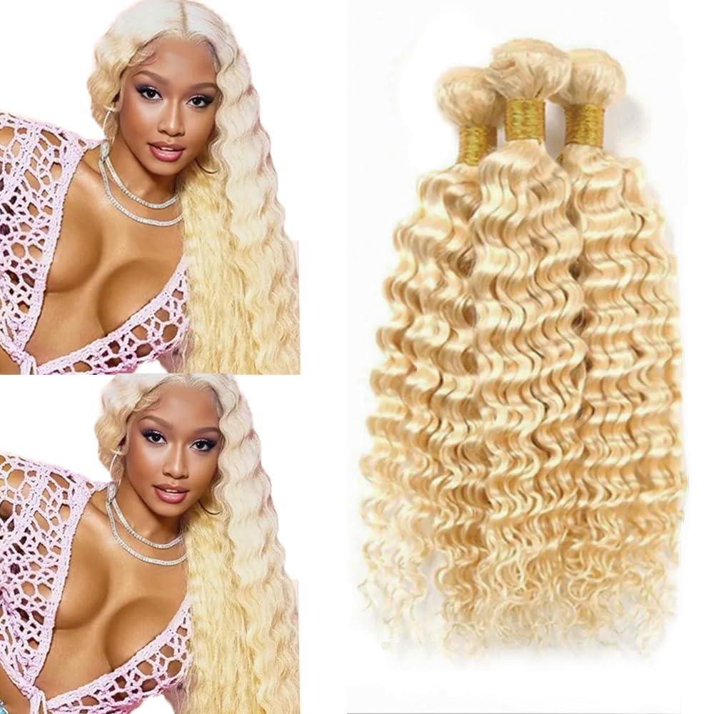 613 Human Hair Bundles Blonde Deep Wave Hair Extensions Blonde Bundle Human Hair Unprocessed Virgin Hair 3 Bundles 12 14 16 Inch