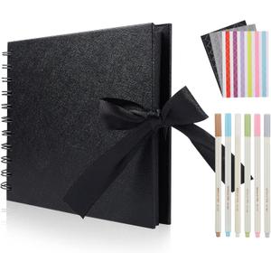 60 Pages Small Scrapbook Album with 6 Metallic Markers, 8.5 x 5.9 Inches Black Paper Photo Album for Wedding Anniversary, Family DIY Scrapbook Accessories