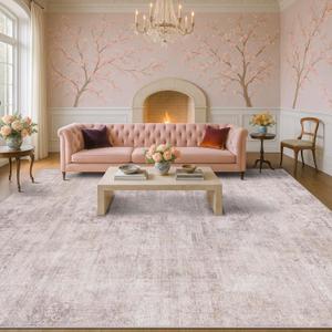 Hazo Haus Modern Rugs for Living Room 10x14 - Pink Mauve and Grey Extra Large Area Rug for Dining Room Table, Foldable Non Slip Abstract Medallion Print Pattern, Distressed Design