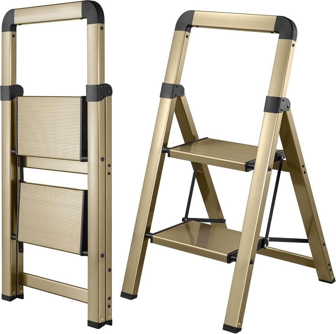 Step Ladder 2-Step Champagne Gold Finish Aluminum Folding Step Ladders,Anti-Slip Max 330 lbs
