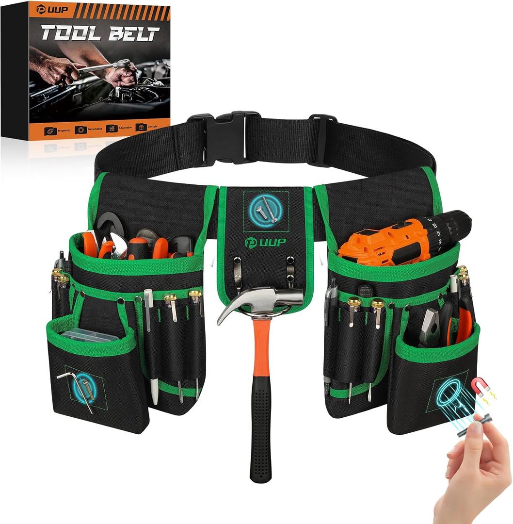 Magnetic Tool Belt for Men, 26 Pockets Heavy Duty Tool Pouch, Magnet Holster Nail Utility Toolbelt Detachable Adjustable Waist Holder for Handyman Contractor Mechanic Plumber Roofer Dad Gift -Green