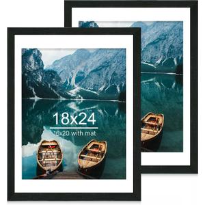 Hongkee 18x24 Frame Set of 2, Rustic Black Wood Style - Display 18 x 24 Poster without Mat or 16x20 Picture with Mat, Wall Mounting Horizontal and Vertical