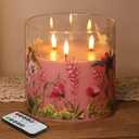 Eywamage 3 Wick Flameless Candle with Remote, Pink Hummingbird Floral Glass LED Candle, Large Battery Pillar Candle  6" H 6"