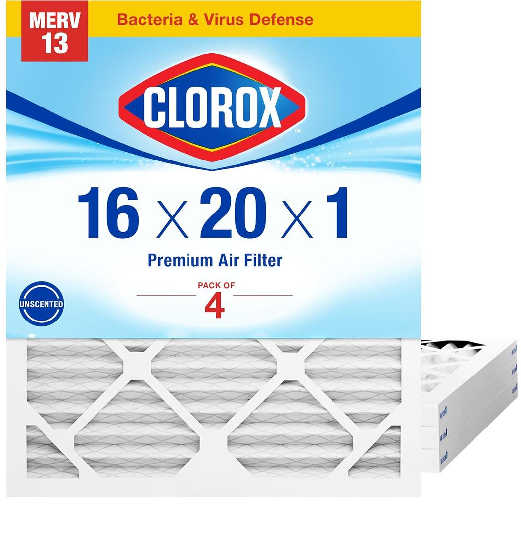 Clorox 16x20x1 Air Filter, MERV 13 Pleated HVAC AC Furnace Air Filters for Allergies, Pet Dander, Smoke and more, MPR 1500 & FPR 10 Pack of 4