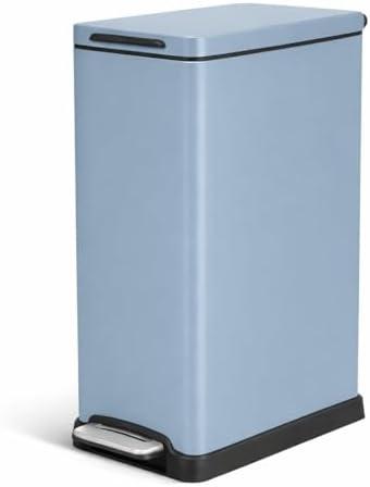 Home Zone Living 12 Gallon Slim Kitchen Trash Can with Soft Close Lid, Step Pedal, Bag Tuck Band, and Removable Liner, Stainless Steel, Steel Blue