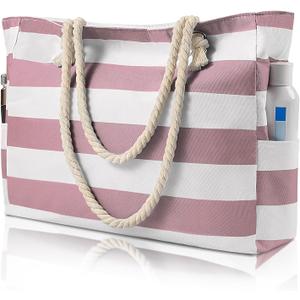 Beach Bags For Women - Large Beach Bags with Zipper Waterproof Sandproof Swim Pool Beach Bag (Light Pink Stripes)