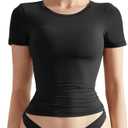 SUUKSESS Women Double Lined Fitted Basic Tee Crew Neck Short Sleeve Y2K Crop Top (Black, M)