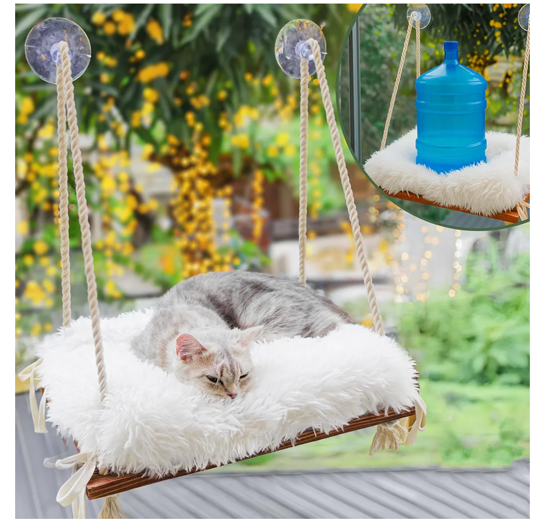 Cat Hammock with IndustrialGrade Suction Cups  Solid Pine Wood Seat, Soft Cushion  42 lb Capacity