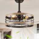 LEDIARY 16.5in Caged Ceiling Fan with Light, Fandelier Industrial Ceiling Fan with Remote, Rustic Metal Fan Lights Ceiling Fixtures for Kitchen, Farmhouse, Bedroom6 Speed,1/2/4/8h Timing-Brown (16.5 Inch)