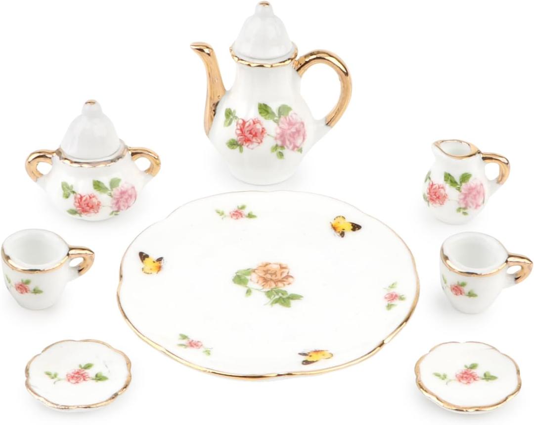 Dollhouse 1:6 Porcelain Tea Cup Sets 8 Pcs Set Miniature Ceramics Dollhouse Accessories Flower Pattern Teapot Platter Dish Sets Dollhouse Kitchen Supplies Decoration (Butterfly)