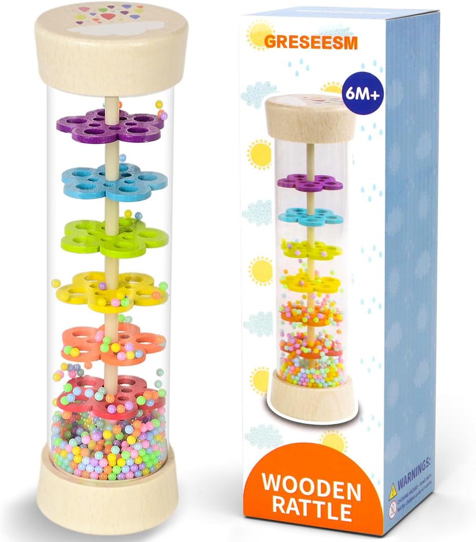 Rain Stick, Montessori Baby Toys for 6-12 Months 1 Year Old, Baby Rattle Wooden Sensory Toys, 7.7 Rainmaker Infant Musical Toy - Gifts for 6 7 8 9 12 Month Old Newborn Boys Girls Toddlers
