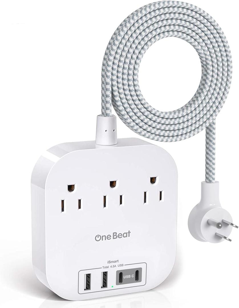 One Beat Power Strip with USB C, 3 Outlets 4 USB Ports (22.5W/4.5A) Desktop Charging Station, Flat Plug, 5ft Braided Extension Cord, Non Surge Protector for Travel, Cruise Ship, ETL Listed (White)