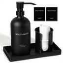 Mouthwash Dispenser for Bathroom, Glass Mouth Wash Pump Dispenser with Cup Holder, 17 Fl Oz Mouthwash Bottle Decanter with Tray, Refillable Mouthwash Dispenser Container (Matte Black)