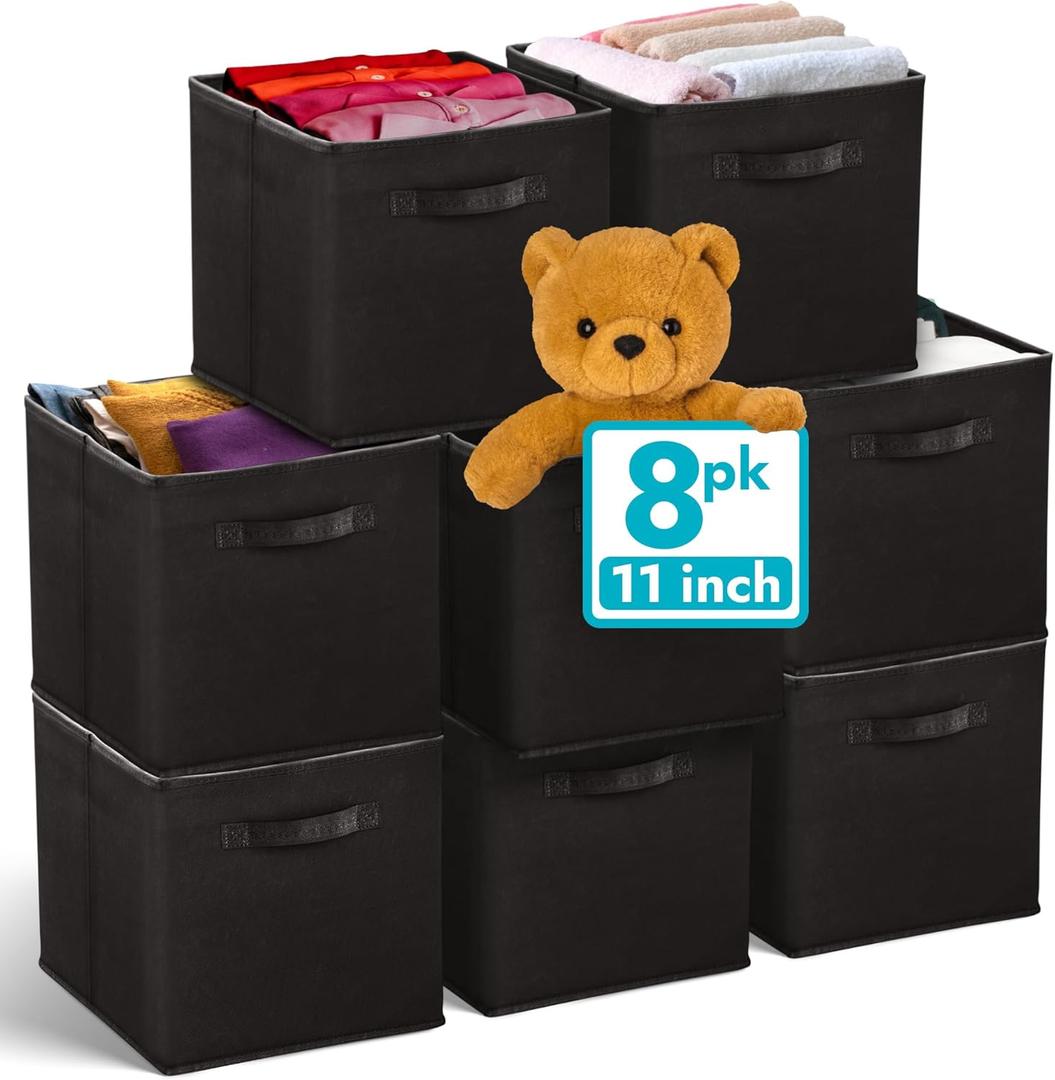 Reli. 11 Inch Cube Storage Bins (8 Pack) | Cube Organizer Bins | 11x11 Fabric Storage Boxes | Collapsible, Foldable Fabric Cubby Box (Square) | Kids Room Organization (Black)