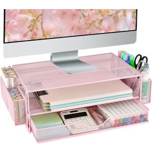 AUPSEN Computer Monitor Stands Riser2-Tier Desk Organizers and Accessories, Office Desk Accessories Organizer with Drawers and 2 Pen Holder for Office Supplies (Pink)
