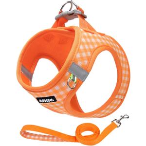 AIITLE Small Dog Harness with Leash Soft Breathable Mesh, Plaid Pattern & Reflective Strips Ideal for Training, Running & Party Outings (S, Orange)