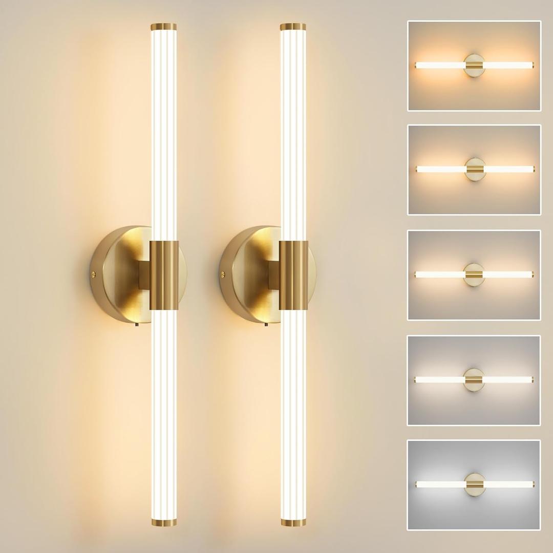 Gold Wall Sconces Set of Two Hardwired, Dimmable 5CCT LED Bathroom Light Fixtures Over Mirror, 360 Full Lighting 23 inch Vanity Light Bar Modern Wall Sconce for Bathroom Bedroom Living Room