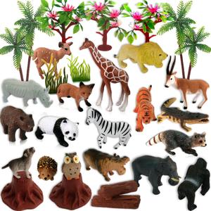 Animals Figures Toys, Realistic Wild Zoo, 29Pcs, Model Trees with Safari Animals, Plastic Figurines Playset for Kids' Learning & Party