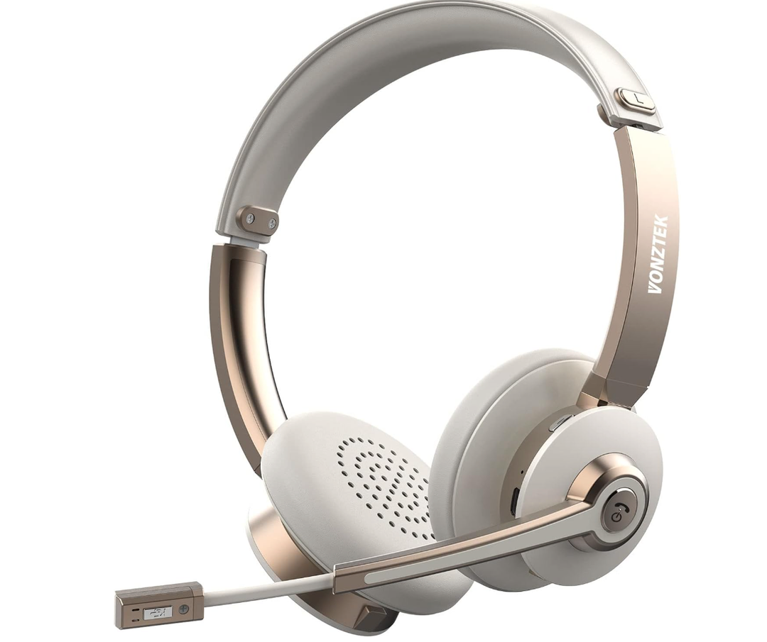 Bluetooth Headset with Microphone, Wireless Headphones with Noise Cancelling Mic, 26hrs talktime, On-Ear Headphones with Mic Mute for Mac/Laptop/Zoom/Teams/Call Center/Office/Home Gold