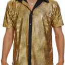 Zando Men's Sequin 70s 80s Disco Shirt - Retro Short Sleeve Button Up Costume Halloween New Year Party Outfit Top & Clubwear, M