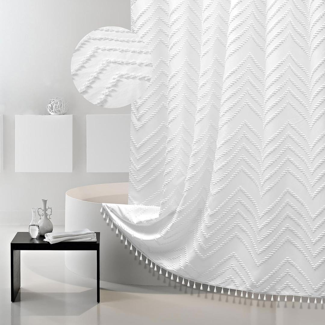 Boho Shower Curtain White Tassel Woven Fabric Shower Curtain Modern Farmhouse Textured Tufted Chevron Striped Minimalist Bathroom Hotel 72 x 72 Inch White