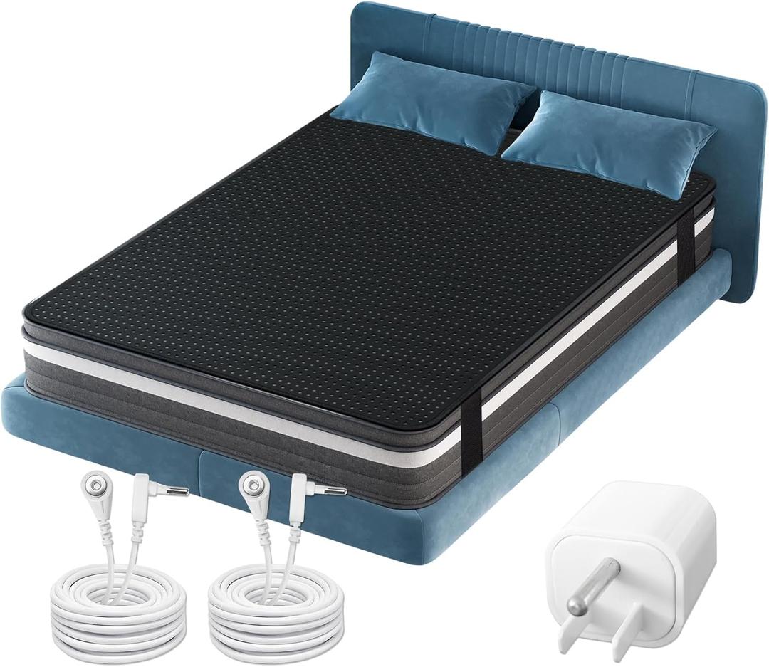 Grounding Mat for Bed Earth Connected Mat for Sleep with Grounding Plug Adapter, Cords, Conductive Mattress Pad, PU Leather with Carbon Fiber, 54x78 Inch