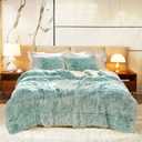 Luxury Faux Fur Shaggy Comforter Set King Size, Plush & Sherpa Reversible Comforter Teal with White, 3 Pieces Fluffy Fuzzy Bedding Set Ultra Soft and Warm for Winter (1 Comforter + 2 Pillowcases)
