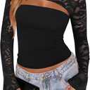 Women's Lace Long Sleeve Going Out Tops Sexy Y2K Crew Neck Cutout Double Lined Slim Night Out Shirts (Black, L)