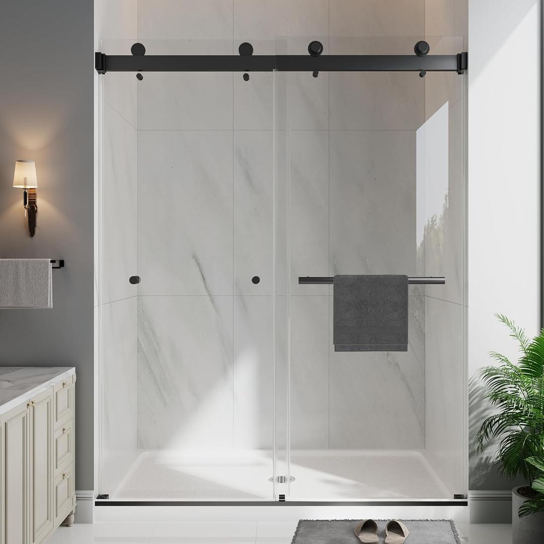 Frameless Double Sliding Shower Doors, 55-60" W x 76" H Shower Glass Door, 1/4" (6mm) Thick ANSI Certified Tempered Glass with Explosion-Proof Film and Nano Coating, Matte Black