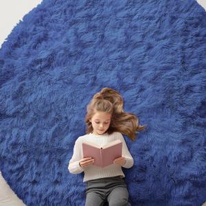 OLANLY Navy Blue Round Rugs for Bedroom - Machine Washable, 8 ft Circle Area Rugs for Living Room, Soft and Fluffy Shaggy Carpet for Teen Girls and Boys, Nursery Rooms, Dorms, Home Decor Aesthetic