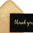 Thank You Cards - Blank 50 Pack Matte Finish Cards with Foiled "Thank You" Printed with 52 Confetti Design Kraft Envelopes 4" x 6" - for Bridal Shower Baby Shower Birthday Party (Black, Gold)