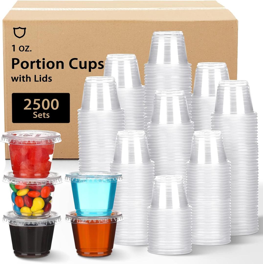 Bokon 2500 Sets Clear Plastic Portion Cups With Lids Condiment and Dipping Sauce Container Salad Dressing Container Airtight and Stackable Souffle Cups for Lunch, Party, Trips(1 oz)