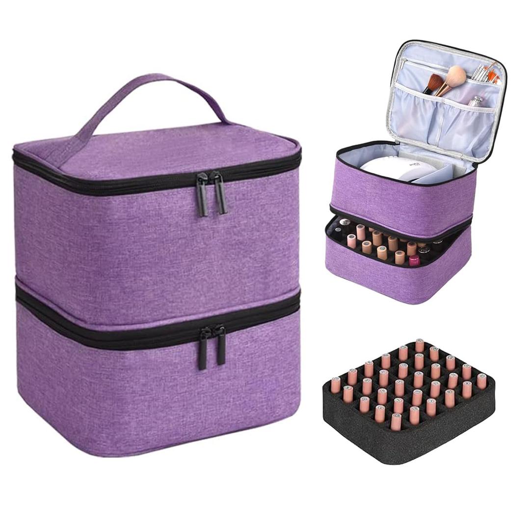 Nail Polish Organizer - Holds 30 Bottles & Nail Lamp, Double-Layer Nail Organizers and Storage, Nail Polish Bag with Handle Nail Travel Case for Nail Tech (Purple)