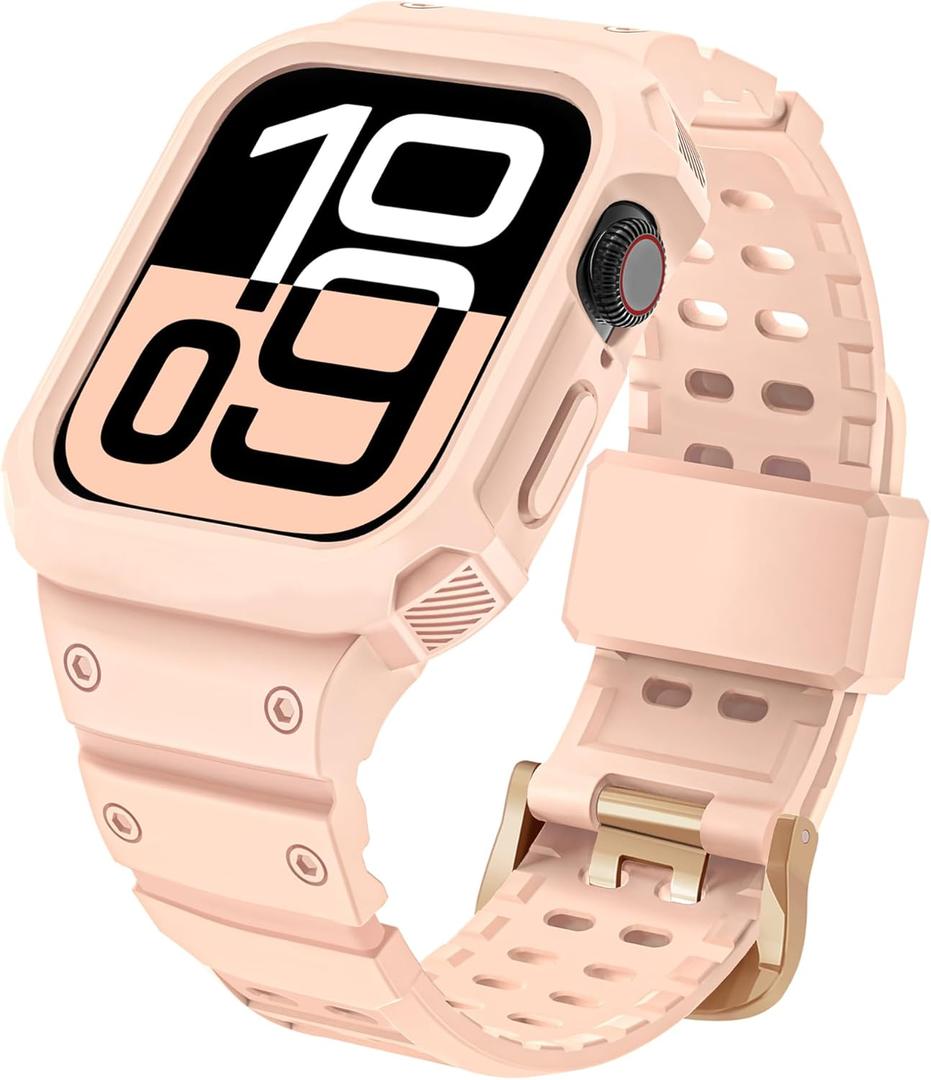 CRIS-BAND Bumper Bands Compatible with Apple Watch Band 45mm 44mm 42mm 41mm 40mm 38mm for Women Men, Water Shock-Proof Strap for iWatch Apple Watch Band with Case for Series 9 8 7 6 SE 5 4 3 2 1 (Pink)