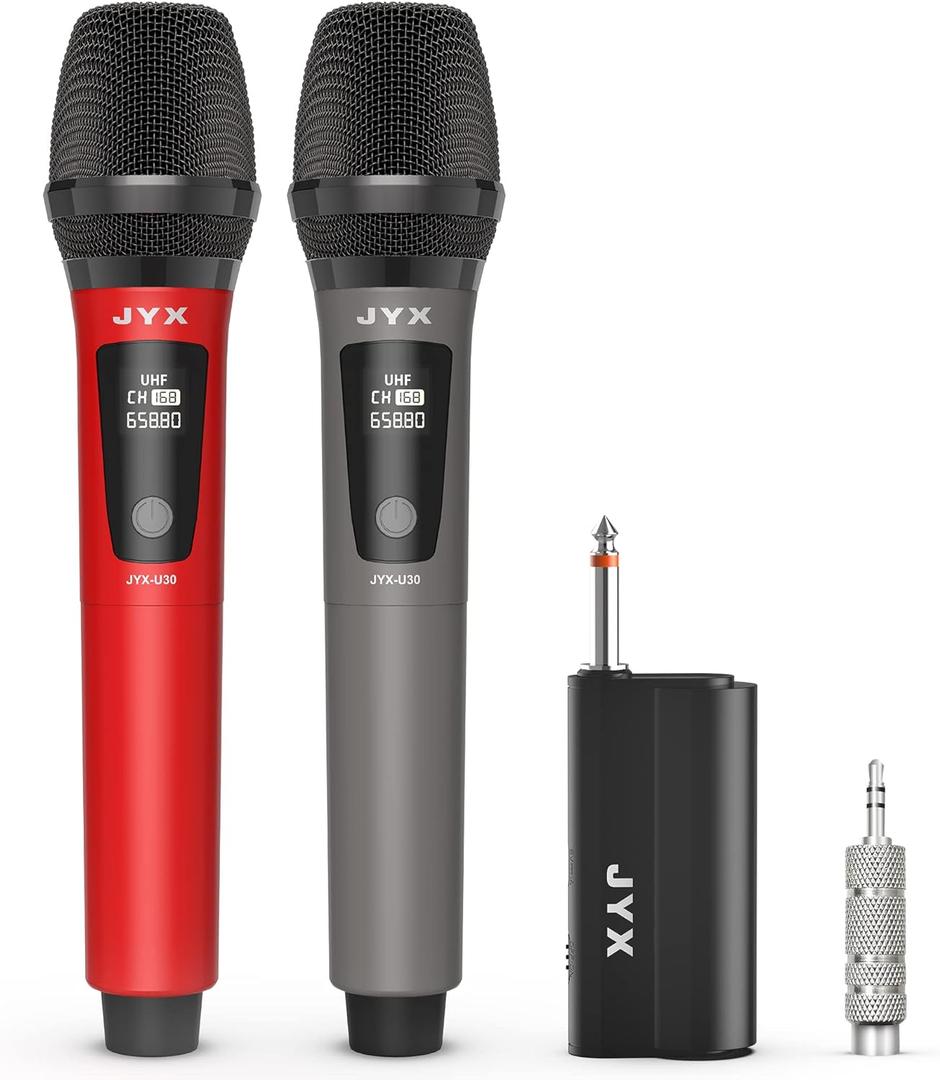JYX Wireless Microphones, Dual UHF Handheld Dynamic Mic with Receiver, 6.35mm(1/4")Output,3.5mm (1/8") Adapter,160ft Range, Metal Rechargeable Karaoke Microphones for Party, Wedding, Class, Speech