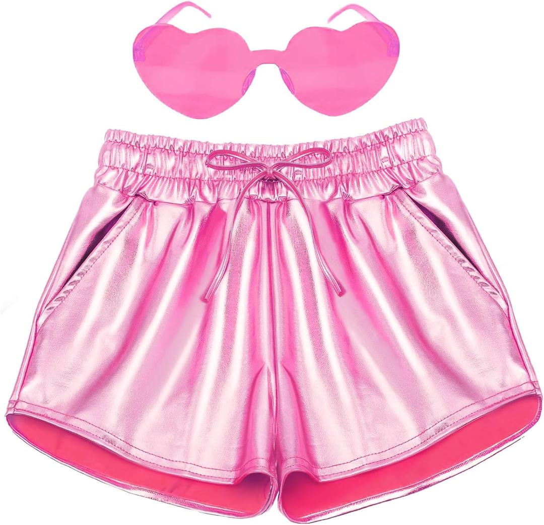 Girls Metallic Shorts Shiny Hot Pants for Dance Gymnastics Sparkly Shorts with Sunglasses (Medium, Pink)