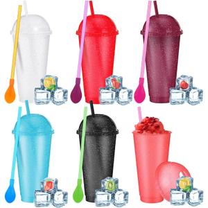 6 Set Slushie Cups with Dome Lids and Straws Detachable Spoon Straws Reusable Plastic Iced Coffee Cups Smoothie Tumbler for Birthdays Summer Party Supplies(Dark Colors,24 oz)