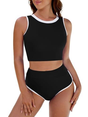 Pink Queen Women's High Waisted Bikini Sets Crew Neck Sporty 2 Piece Swimsuit Color Block High Cut Bathing Suit Black S