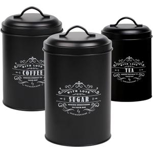 Baie Maison Large Black Kitchen Canisters Set of 3 - Farmhouse Canister Sets for Kitchen Counter - Coffee Tea Sugar Container Set - Rustic Kitchen Canisters for Countertop - Metal Kitchen Decor Jars