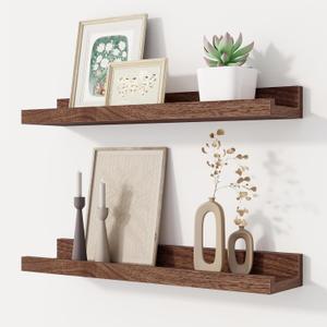 Floating Picture Ledge Shelves Set of 2, 16 Inch Solid Wood Wall Shelves with Lip, Large Nursery Book Shelf for Toys Storage, Kids Bookshelf, Living Room, Bedroom Decor Frames, Walnut Color