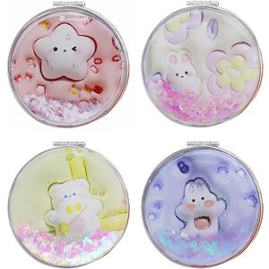 Cute Bunny 4 Pcs Pocket Mirror Kits for Purse, Quicksand Portable Small Travel Makeup Mirror with 1X/2X Magnifying, Square Foldable PU Leather Cosmetic Mirror for Children and Girls