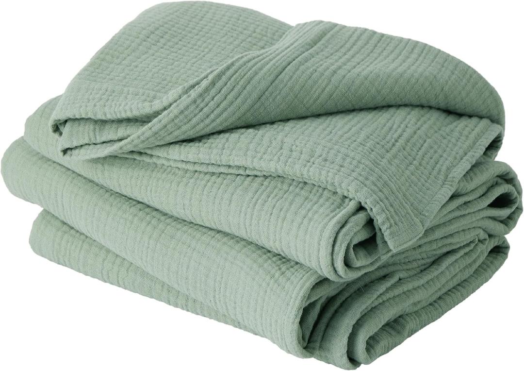 Bedsure 100% Cotton Muslin Throw Blanket Large 50x70 Inches - 4-Layer Breathable and Lightweight Thin Soft Summer Gauze Muslin Blankets for Adults, Sage Green, Boho Cotton Throw for Couch