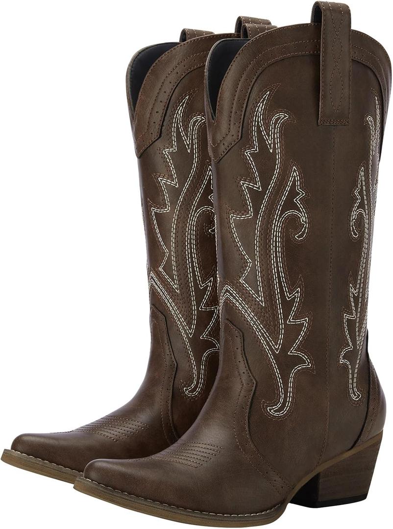 HISEA Rollda Cowboy Boots for Women, Cowgirl Boots, Comfortable Western Boots with Pointed Toe Stitched Embroidery for Country Concert Dancing Wedding Traveling Daily Outfits (8, Dark Brown)