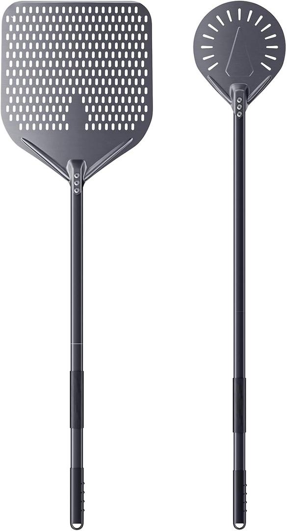 2 Piece Pizza Peel Set, 14 Inch Perforated Aluminum Pizza Peel with Long Handle, 9 Inch Round Turning Pizza Peel, Pizza Oven Utensil Kit for Homemade Pizza