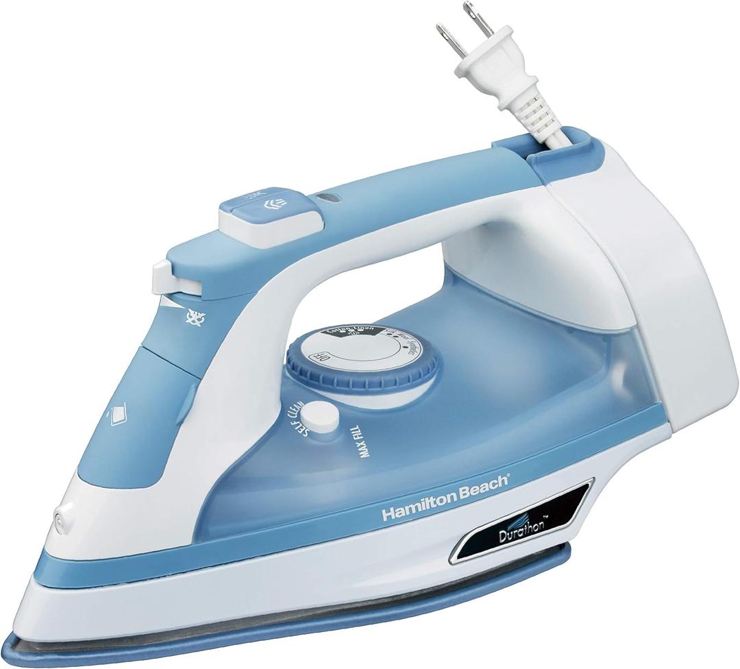 Hamilton Beach Steam Iron & Vertical Steamer for Clothes with Scratch-Resistant Soleplate, Adjustable Steam Settings + 8 Cord Wrap, 3-Way Auto Shutoff, Anti-Drip, Self-Cleaning, 1500 Watts, Blue
